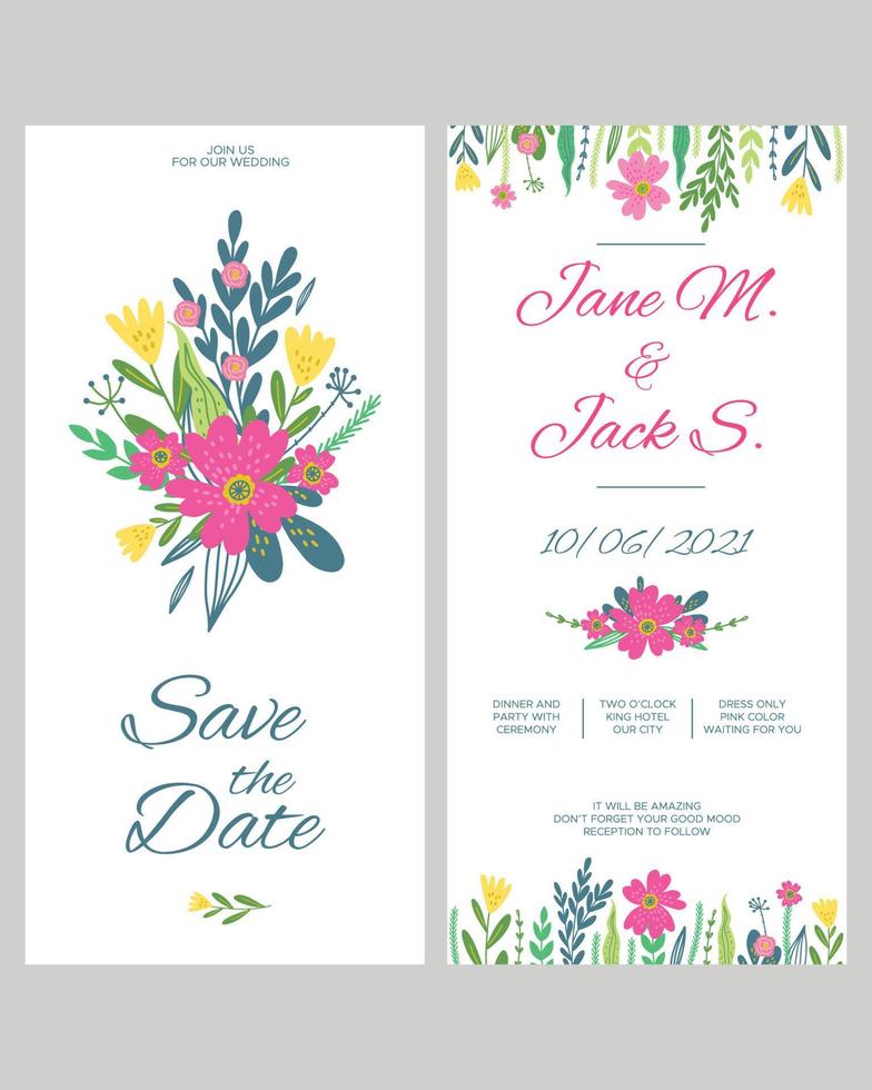 mooi hand- getrokken bloemen bruiloft uitnodiging kaart sjabloon, bloemen bruiloft uitnodiging sjabloon reeks met elegant bladeren decoratie. botanisch kaart ontwerp concept vector