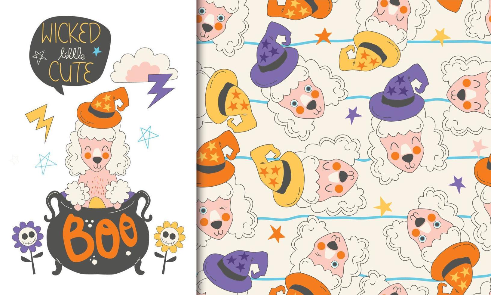 groet kaart en naadloos patroon van halloween vector schattig tekenfilm poedel illustraties. slecht weinig schattig hond voor halloween viering, oktober feest. perfect voor kinderen kinderen huisdier kleding.