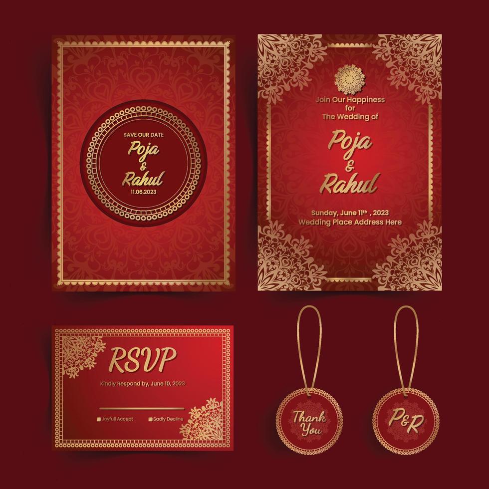 luxe Indisch bruiloft uitnodiging reeks in goud en rood vector
