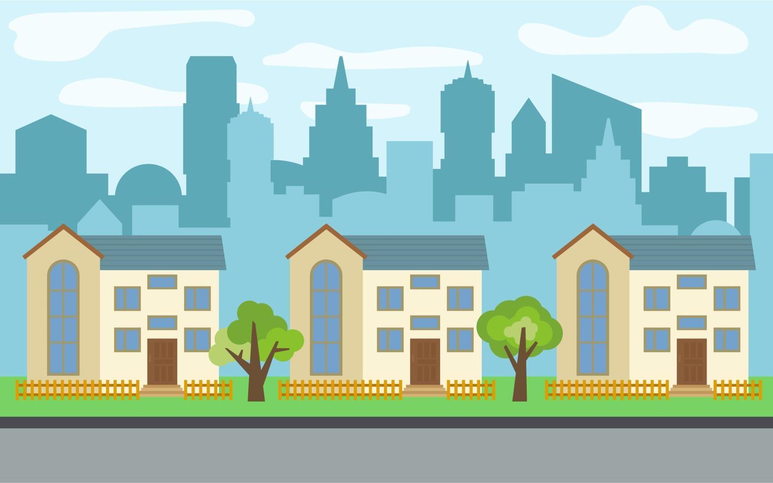 vector stad met drie twee verdiepingen tekenfilm huizen en groen bomen in de zonnig dag. zomer stedelijk landschap. straat visie met stadsgezicht Aan een achtergrond
