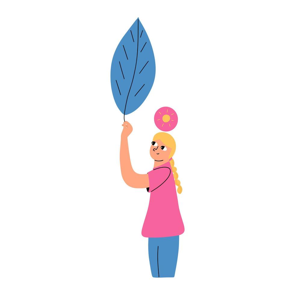 de concept van de positief mentaal Gezondheid van de kind. een meisje Holding een blad in haar handen. vector illustratie in vlak stijl