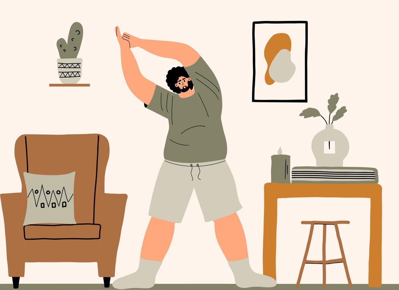 lichaam positief Mens aan het doen yoga Bij huis. een jong te zwaar vent doet fysiek onderwijs. vector illustratie in vlak stijl