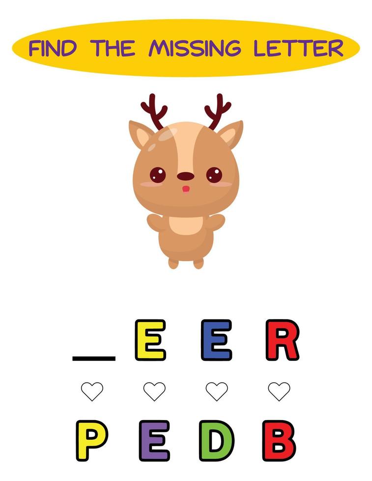 vind missend brief. kawaii hert. leerzaam spelling spel voor kinderen.onderwijs puzzel voor kinderen vind missend brief van schattig tekenfilm hert afdrukbare kever werkblad vector