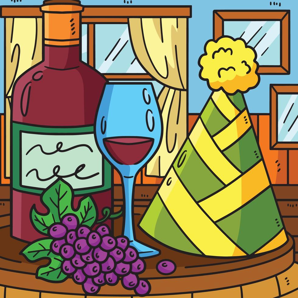 nieuw jaar wijn en partij hoed gekleurde tekenfilm vector