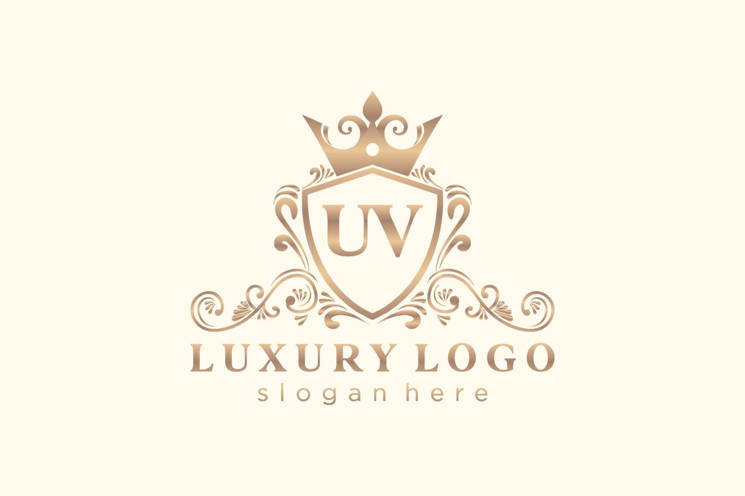 eerste uv brief Koninklijk luxe logo sjabloon in vector kunst voor restaurant, royalty, boetiek, cafe, hotel, heraldisch, sieraden, mode en andere vector illustratie.