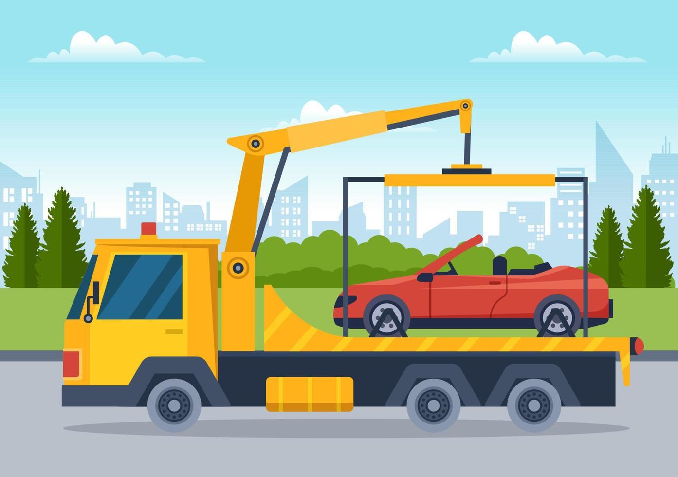 auto slepen auto gebruik makend van een vrachtauto met langs de weg bijstand onderhoud in sjabloon hand- getrokken tekenfilm vlak achtergrond illustratie vector