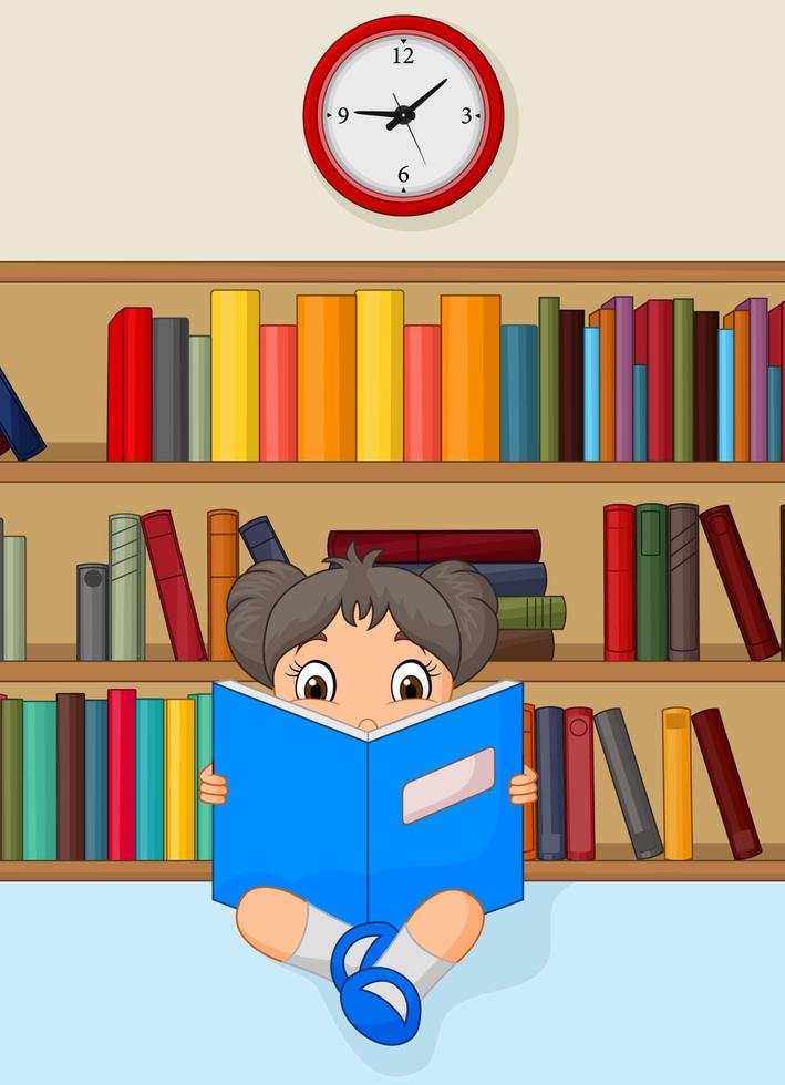 meisje tekenfilm lezing een boek in bibliotheek vector