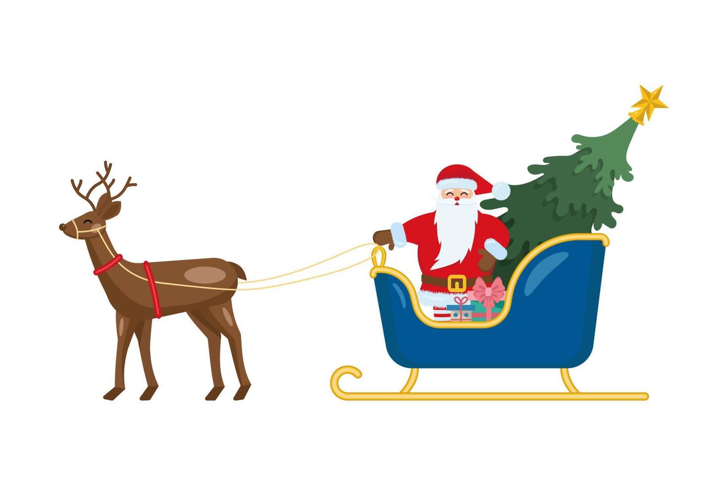 de kerstman claus met een Kerstmis boom ritten in een slee Aan een rendier. vector illustratie
