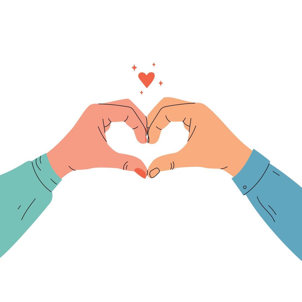 twee handen, vrouw en Mens maken hart teken. liefde, romantisch relatie, Valentijnsdag dag concept vector