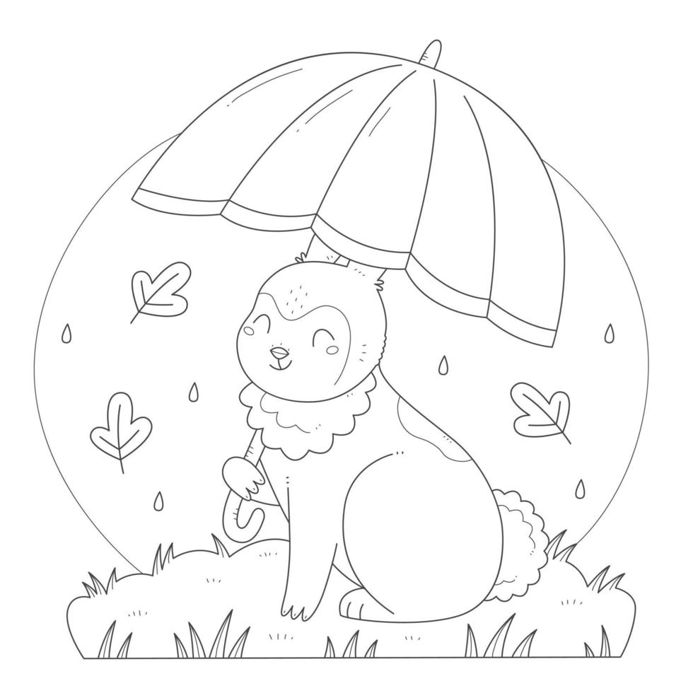 schattig konijn met een paraplu kleur bladzijde. konijn met een paraplu in de regen. vector zwart en wit illustratie kleur boek.