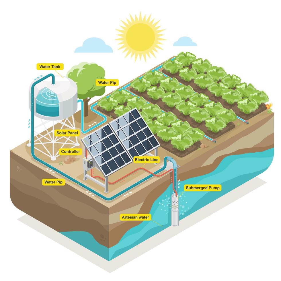 zonne- cel zonne- fabriek ondergedompeld water pomp slim groente landbouw systeem uitrusting water tank diagram isometrische vector
