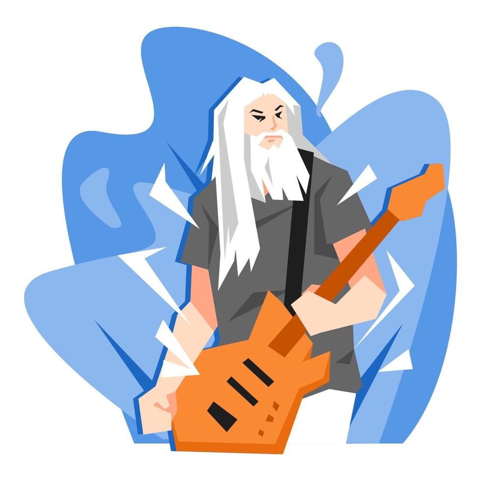 bas gitaar speler, oud Mens met baard, lang haar. blauw esthetisch achtergrond. muziek- concept, band, overhemd ontwerp, poster, enz. vlak vector illustratie