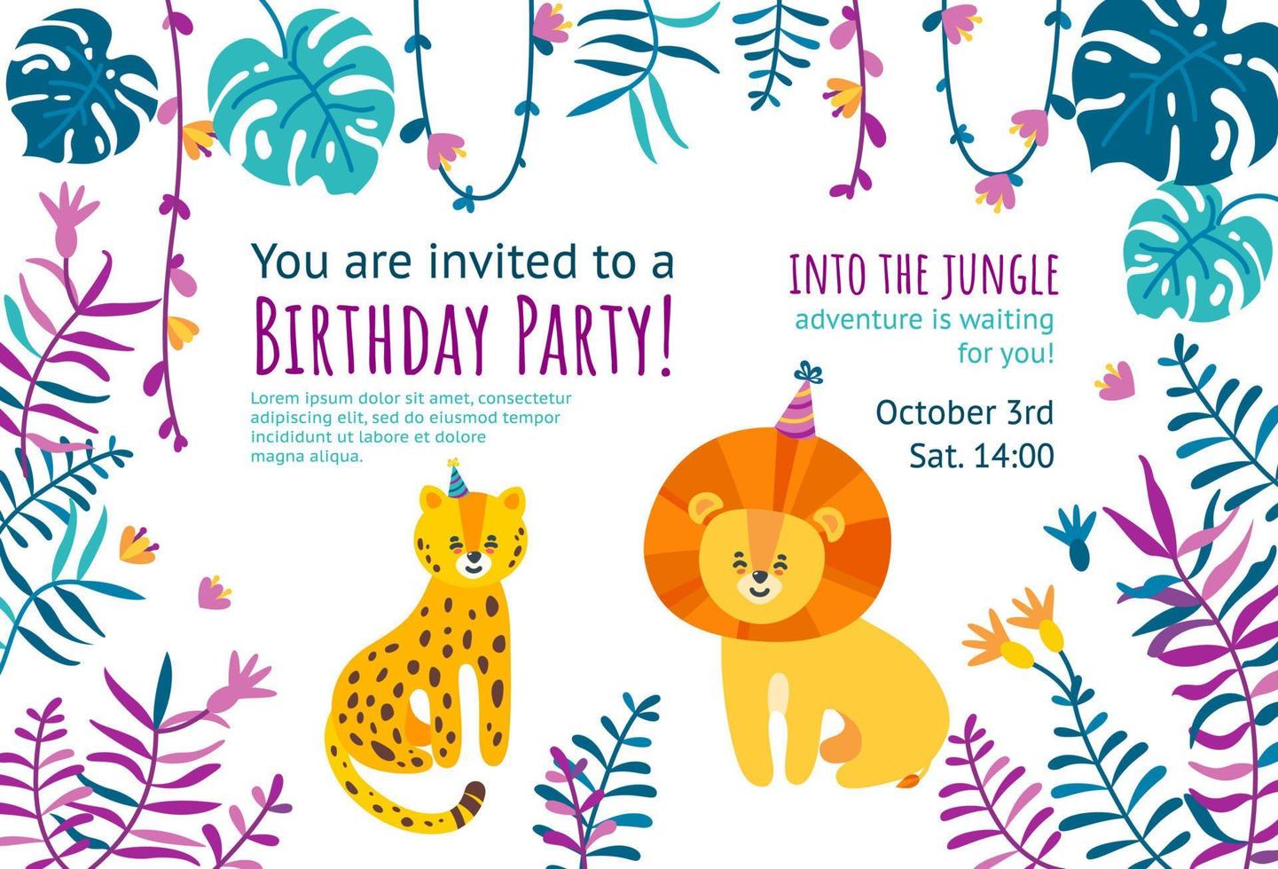 verjaardag uitnodiging kaart met schattig luipaard en leeuw. kant en klaar uitnodiging ontwerp voor verjaardag partijen. vector illustratie met oerwoud bladeren kader.