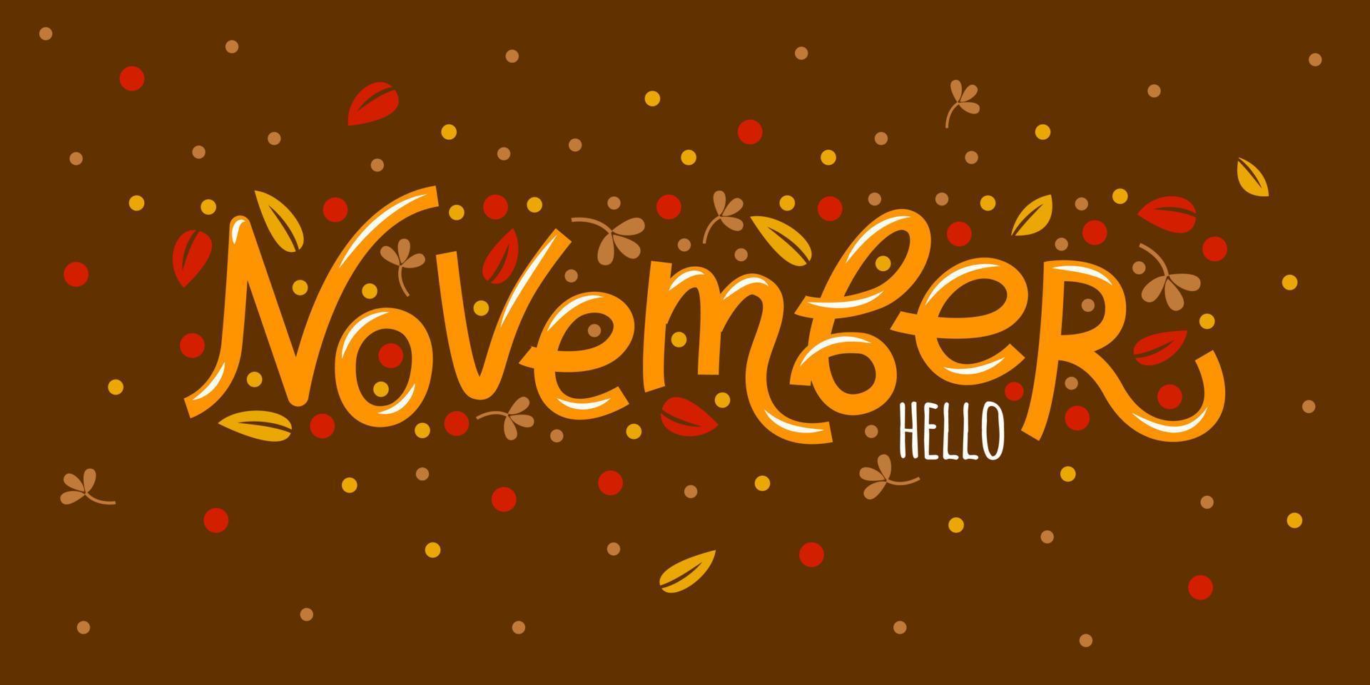 Hallo november kaart met herfst en bladeren. hand- getrokken inspirerend winter citaten met krabbels. vector