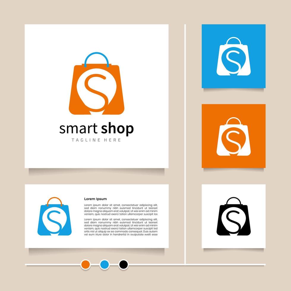 slim winkel, boodschappen doen zak logo en online winkel logo ontwerp.. blauw oranje icoon en symbool ontwerp vector met combinatie van brief s, lamp en papier zak