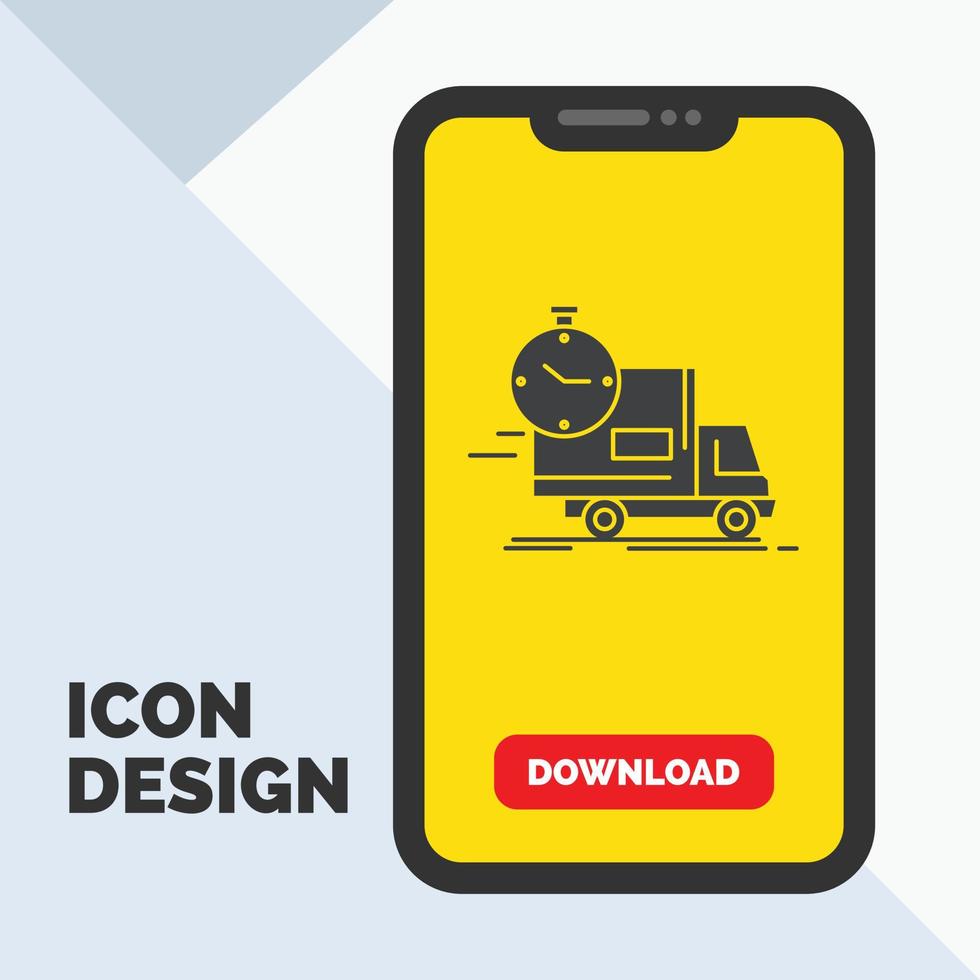 levering. tijd. Verzenden. vervoer. vrachtauto glyph icoon in mobiel voor downloaden bladzijde. geel achtergrond vector