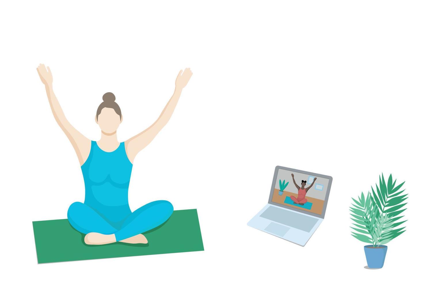 online yoga klassen. een meisje horloges een online yoga les Aan een laptop en treinen Bij huis. gezichtsloos illustratie concept. isolatie Aan een wit achtergrond vector