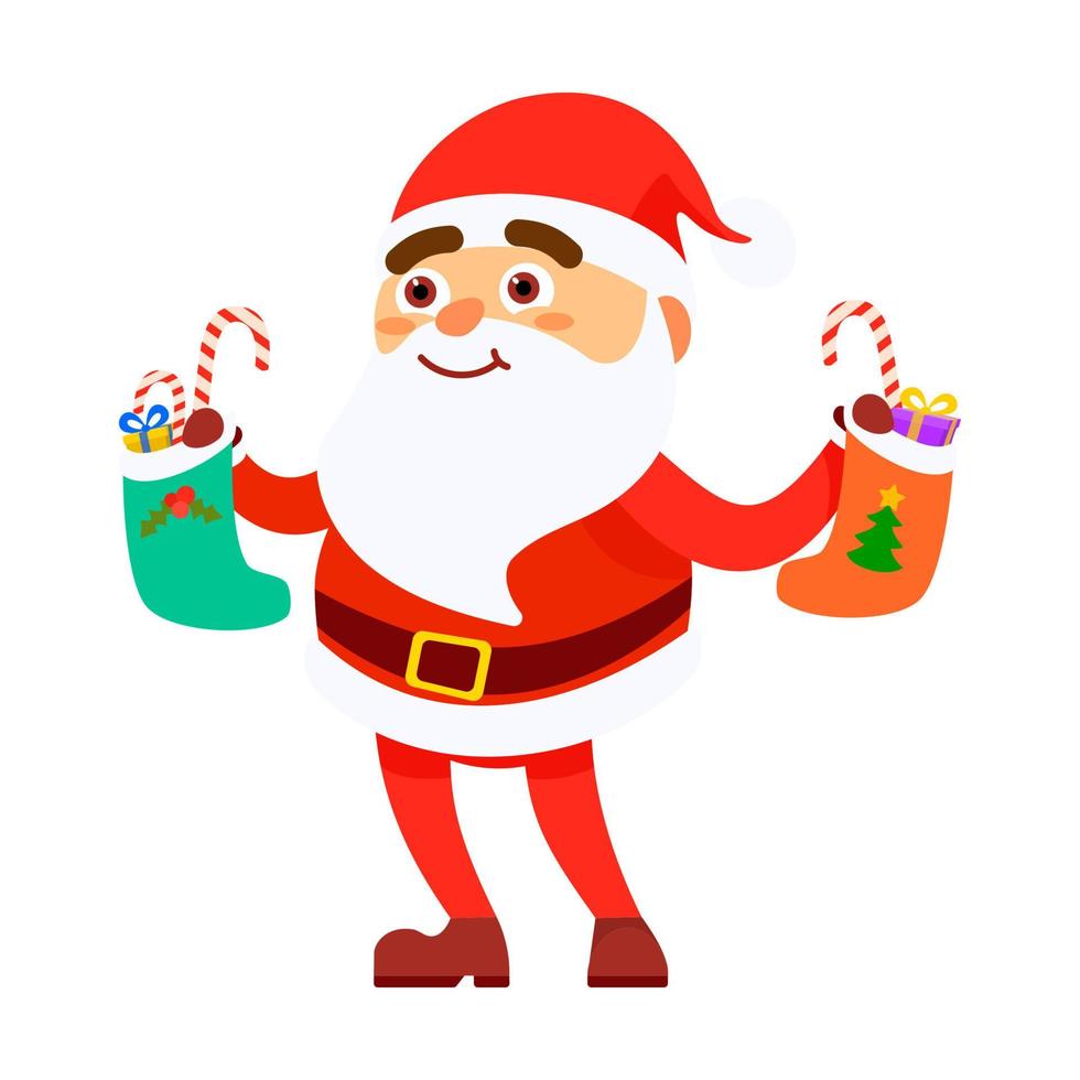 gelukkig de kerstman claus geeft uit presenteert in een sok Aan geïsoleerd achtergrond. vrolijk Kerstmis concept met geschenk doos. vector illustratie in vlak tekenfilm stijl
