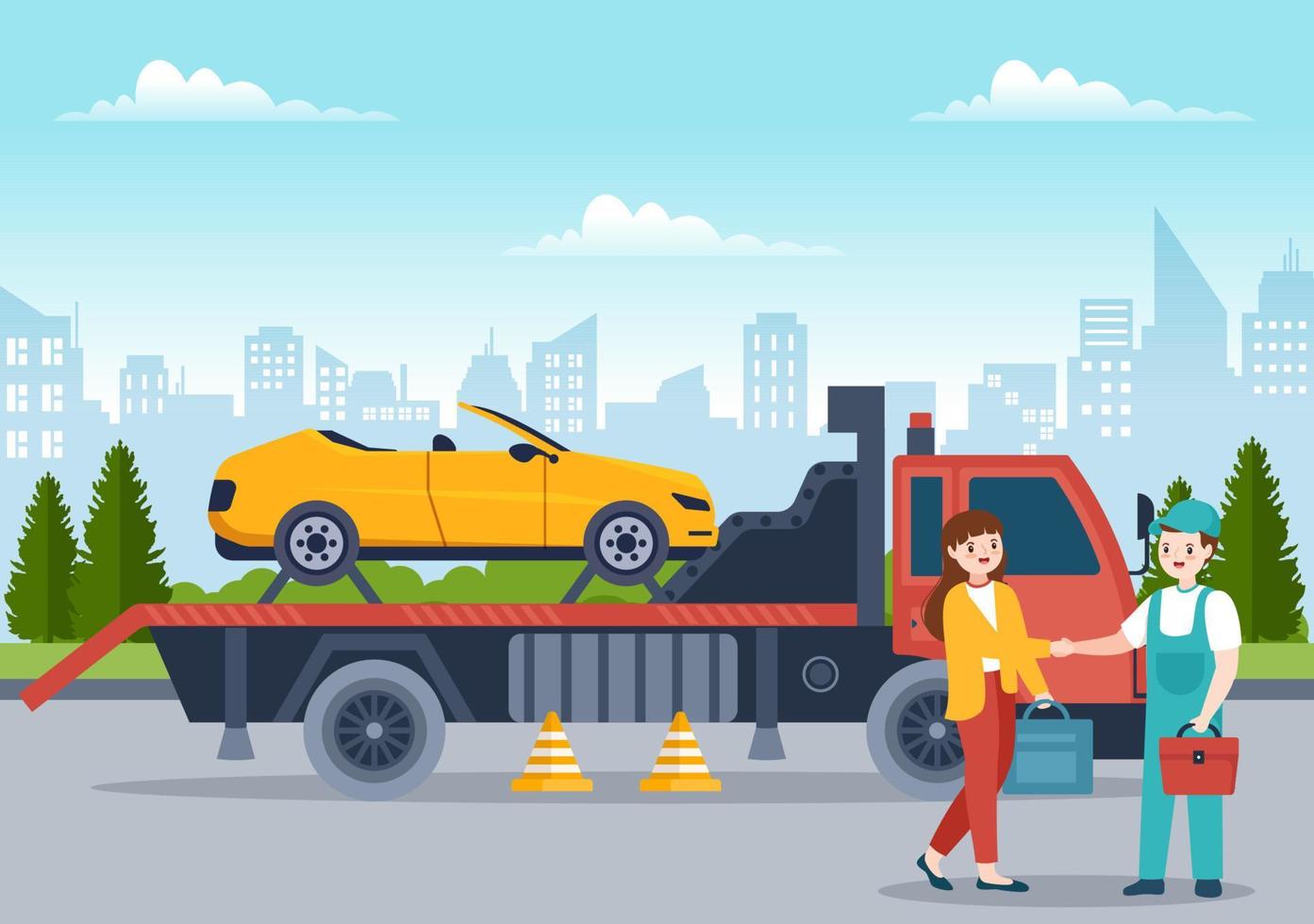 auto slepen auto gebruik makend van een vrachtauto met langs de weg bijstand onderhoud in sjabloon hand- getrokken tekenfilm vlak achtergrond illustratie vector