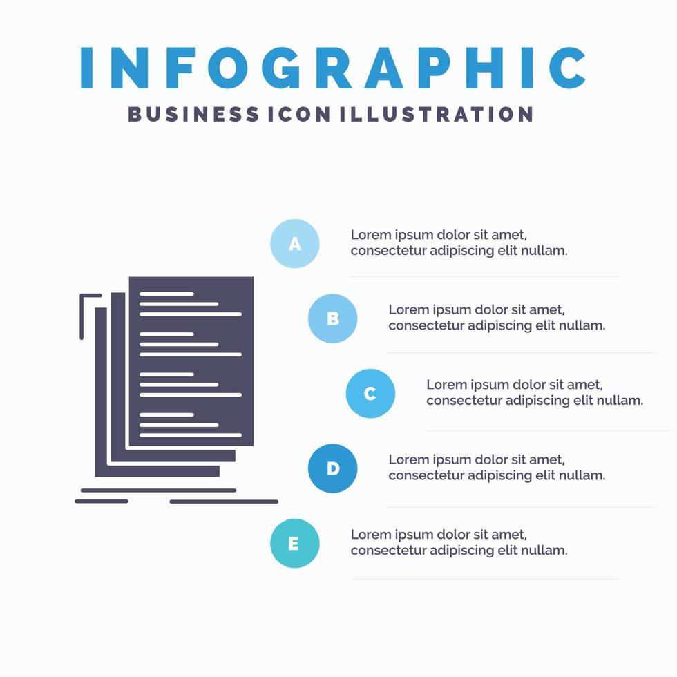 code. codering. compileren. bestanden. lijst infographics sjabloon voor website en presentatie. glyph grijs icoon met blauw infographic stijl vector illustratie.