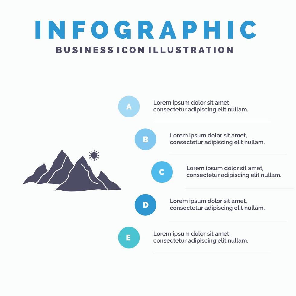 berg. landschap. heuvel. natuur. zon infographics sjabloon voor website en presentatie. glyph grijs icoon met blauw infographic stijl vector illustratie.
