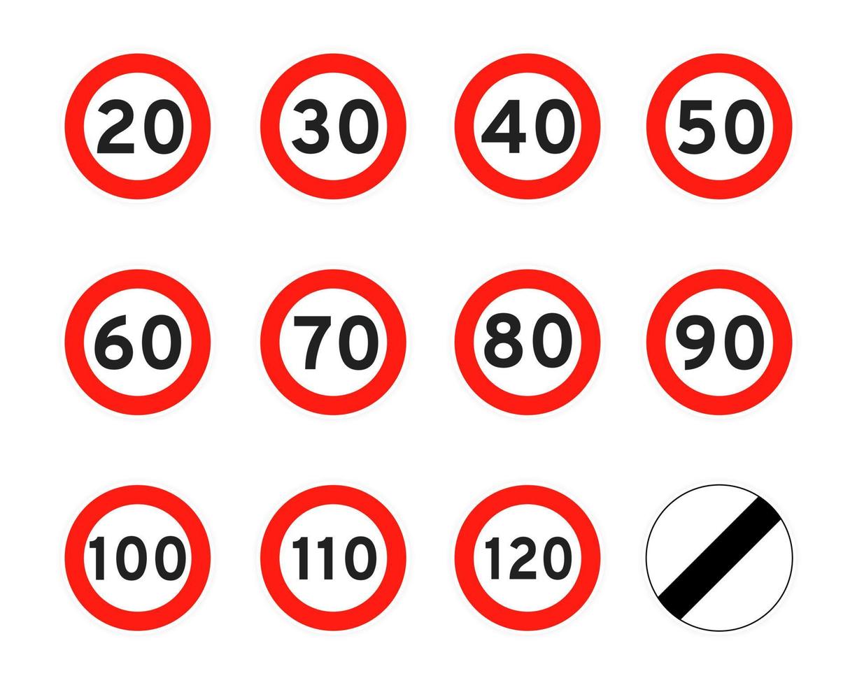 snelheid begrenzing 120, 110, 20, 30, 40, 50, 60, 70, 80, 90, 100, ronde weg verkeer icoon teken vlak stijl ontwerp vector illustratie.