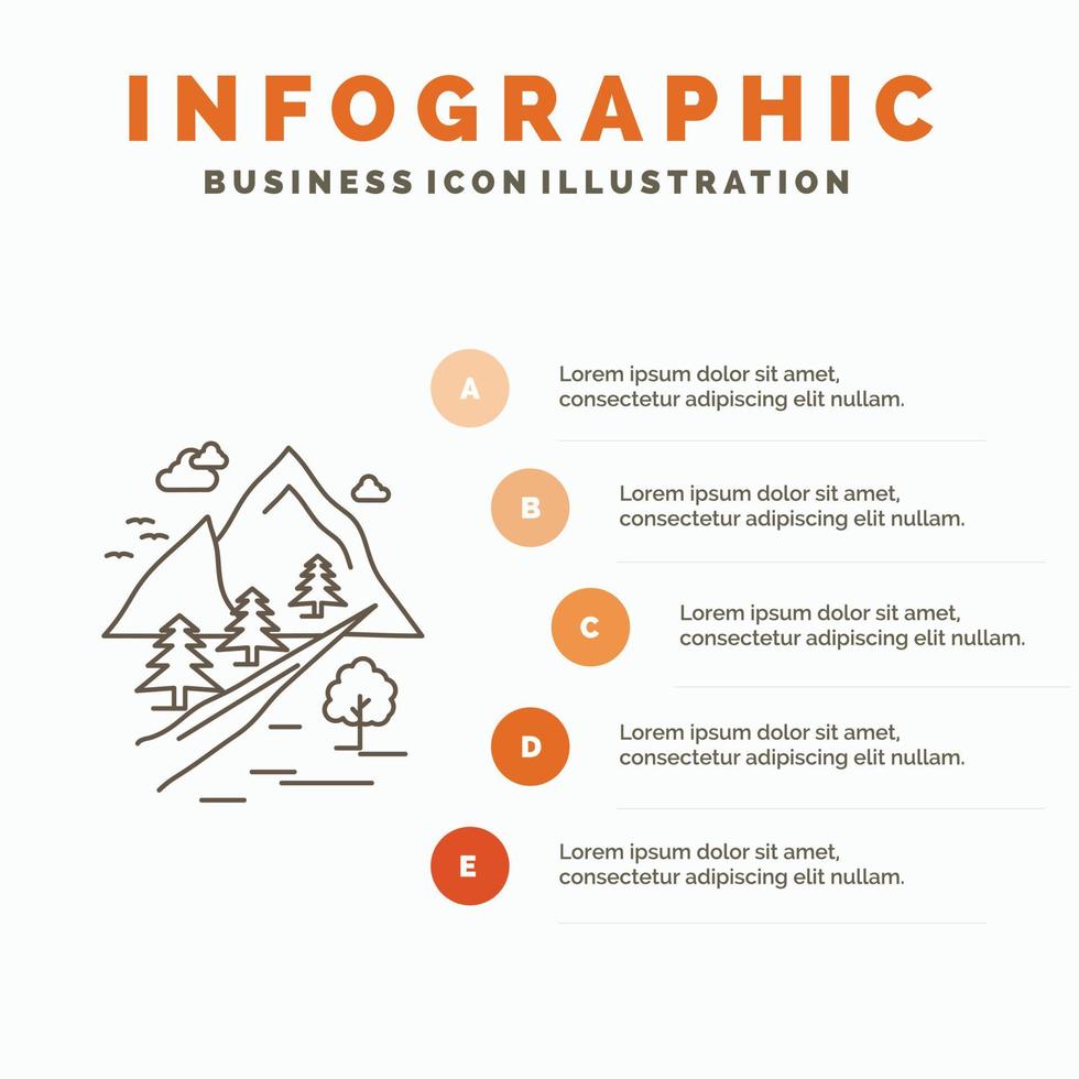 rotsen. boom. heuvel. berg. natuur infographics sjabloon voor website en presentatie. lijn grijs icoon met oranje infographic stijl vector illustratie