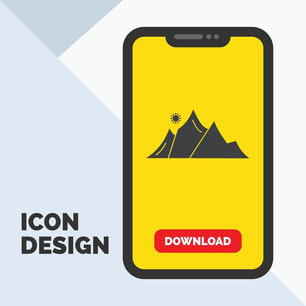 heuvel. landschap. natuur. berg. zon glyph icoon in mobiel voor downloaden bladzijde. geel achtergrond vector