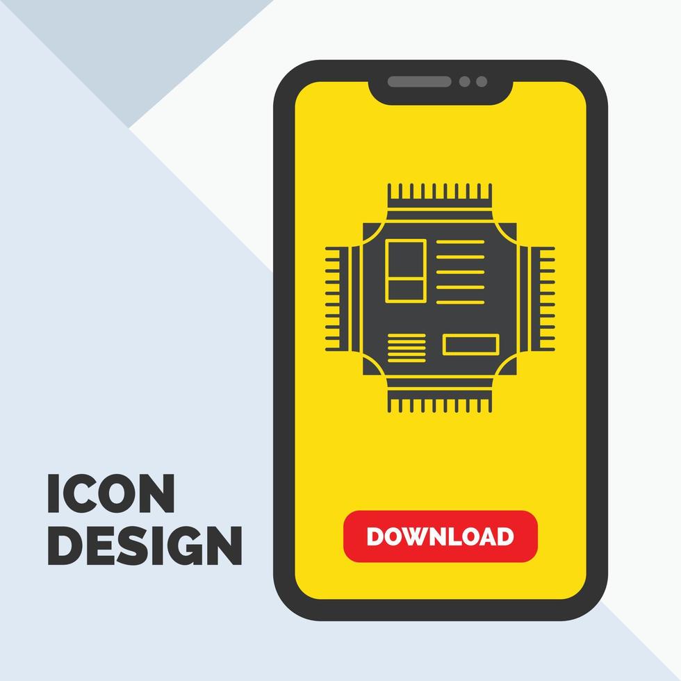 chippen. processor. microchip. verwerker. technologie glyph icoon in mobiel voor downloaden bladzijde. geel achtergrond vector