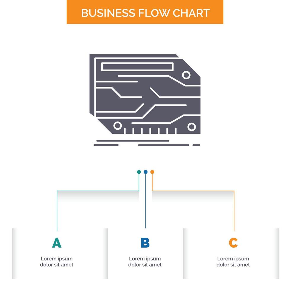 kaart. onderdeel. Op maat. elektronisch. geheugen bedrijf stromen tabel ontwerp met 3 stappen. glyph icoon voor presentatie achtergrond sjabloon plaats voor tekst. vector