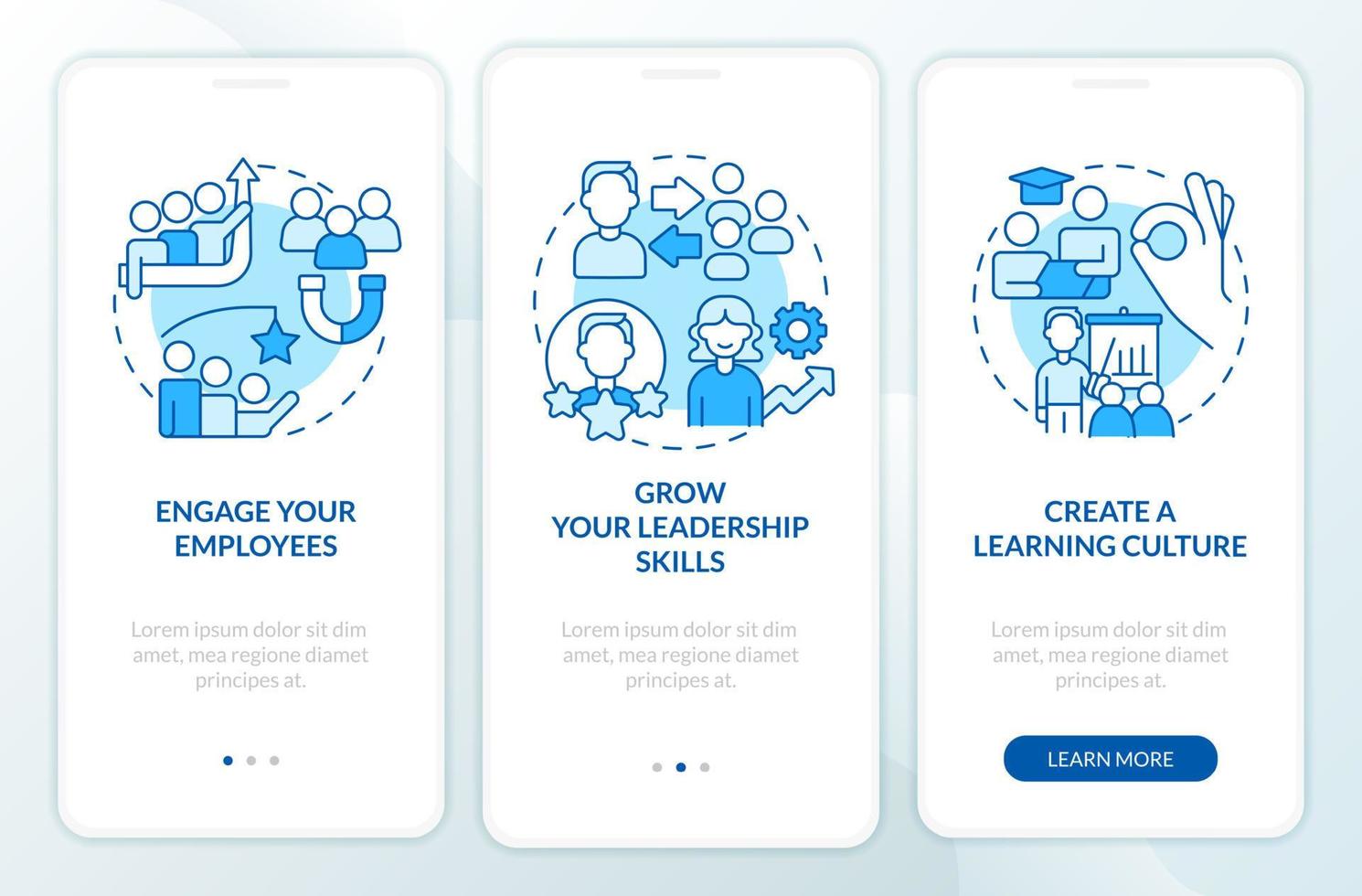 worden gecertificeerd trainer blauw onboarding mobiel app scherm. leiderschap walkthrough 3 stappen bewerkbare grafisch instructies met lineair concepten. ui, ux, gui sjabloon. vector