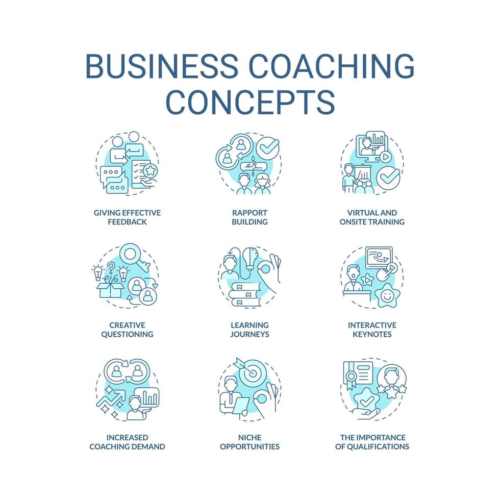 bedrijf coaching turkoois concept pictogrammen set. aan het leren ervaring idee dun lijn kleur illustraties. effectief feedback. geïsoleerd symbolen. bewerkbare hartinfarct. vector