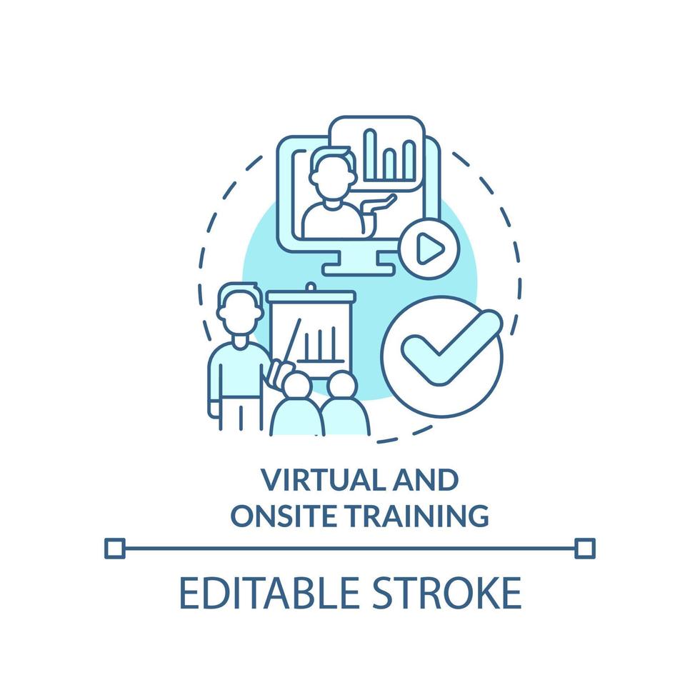 virtueel en ter plekke opleiding turkoois concept icoon. effectief verwerven kennis abstract idee dun lijn illustratie. geïsoleerd schets tekening. bewerkbare hartinfarct. vector