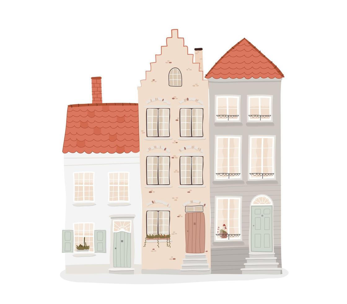 drie geïsoleerd Europese huizen. zomer oud stad- landschap. hand- getrokken vector illustratie in vlak stijl