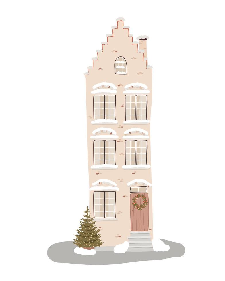 geïsoleerd Europese huis met Kerstmis decoratie en Kerstmis boom. besneeuwd oud stad- landschap. hand- getrokken vector illustratie in vlak stijl