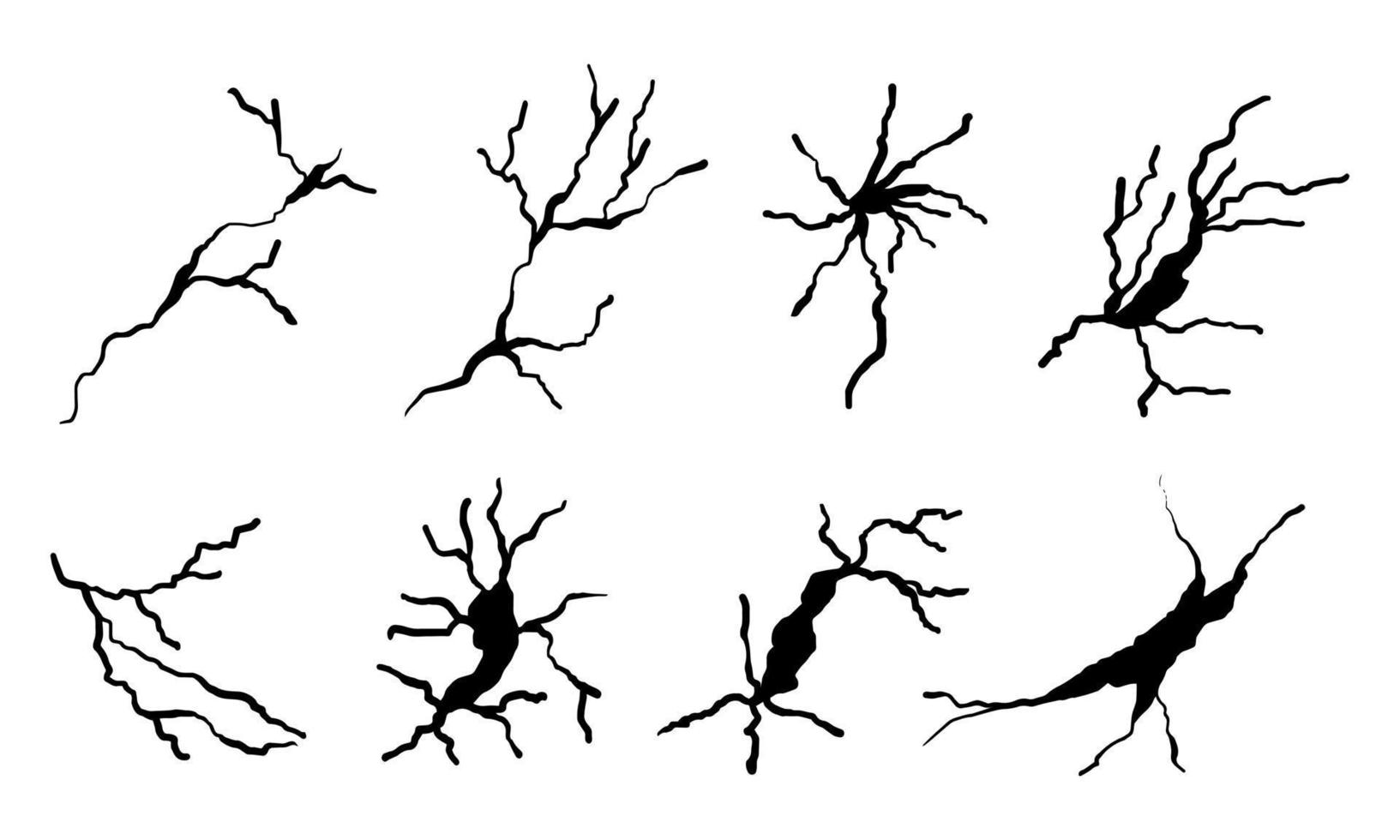 hand- getrokken gebarsten glas, muur, grond. bliksem storm effect. tekening breken set. vector illustratie