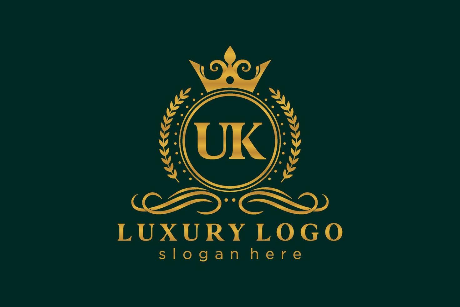 eerste uk brief Koninklijk luxe logo sjabloon in vector kunst voor restaurant, royalty, boetiek, cafe, hotel, heraldisch, sieraden, mode en andere vector illustratie.