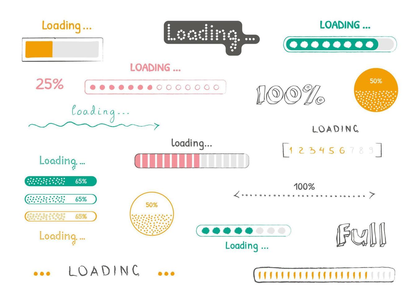 vooruitgang bezig met laden bar, reeks van tekening pictogrammen. hand getekend schetsen vector