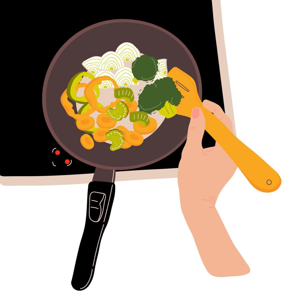 vrouw hand- Holding een spatel is roeren groenten in een frituren pan. Koken. klok peper, ui, wortel, broccoli, selderij vector