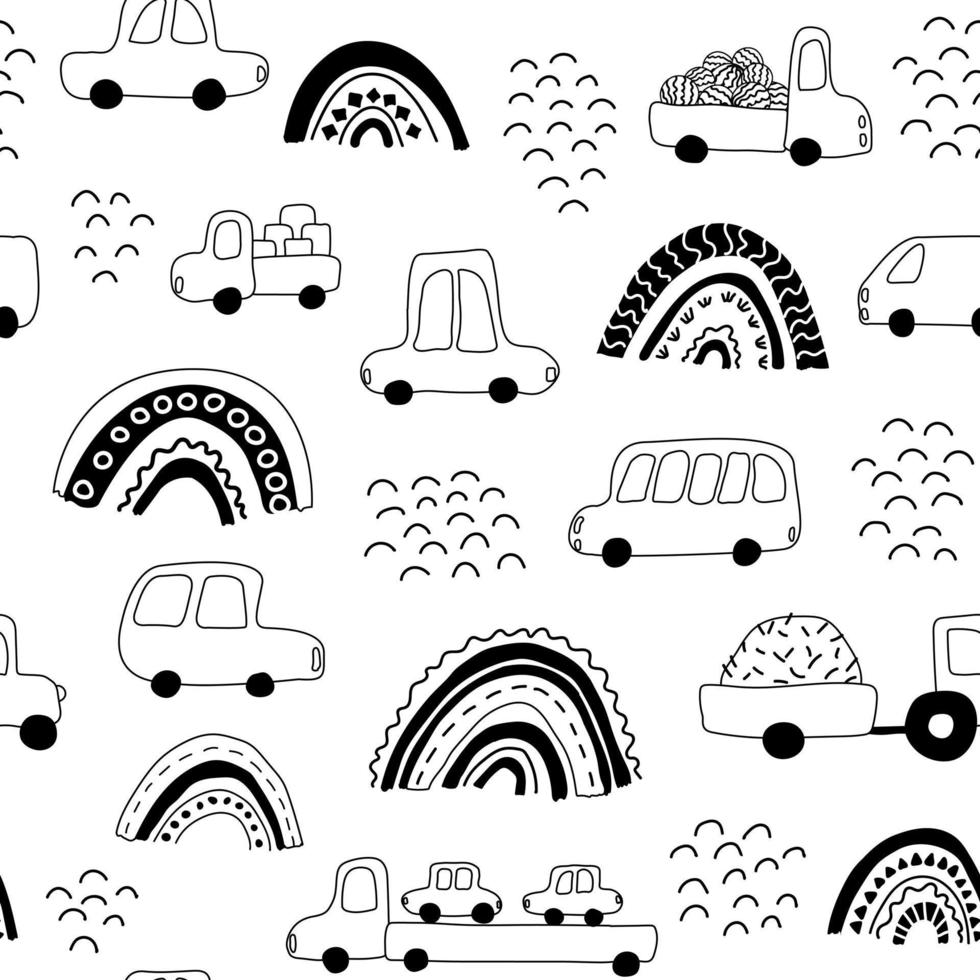 auto's patroon. vector baby achtergrond. tekening regenboog en vrachtwagens.