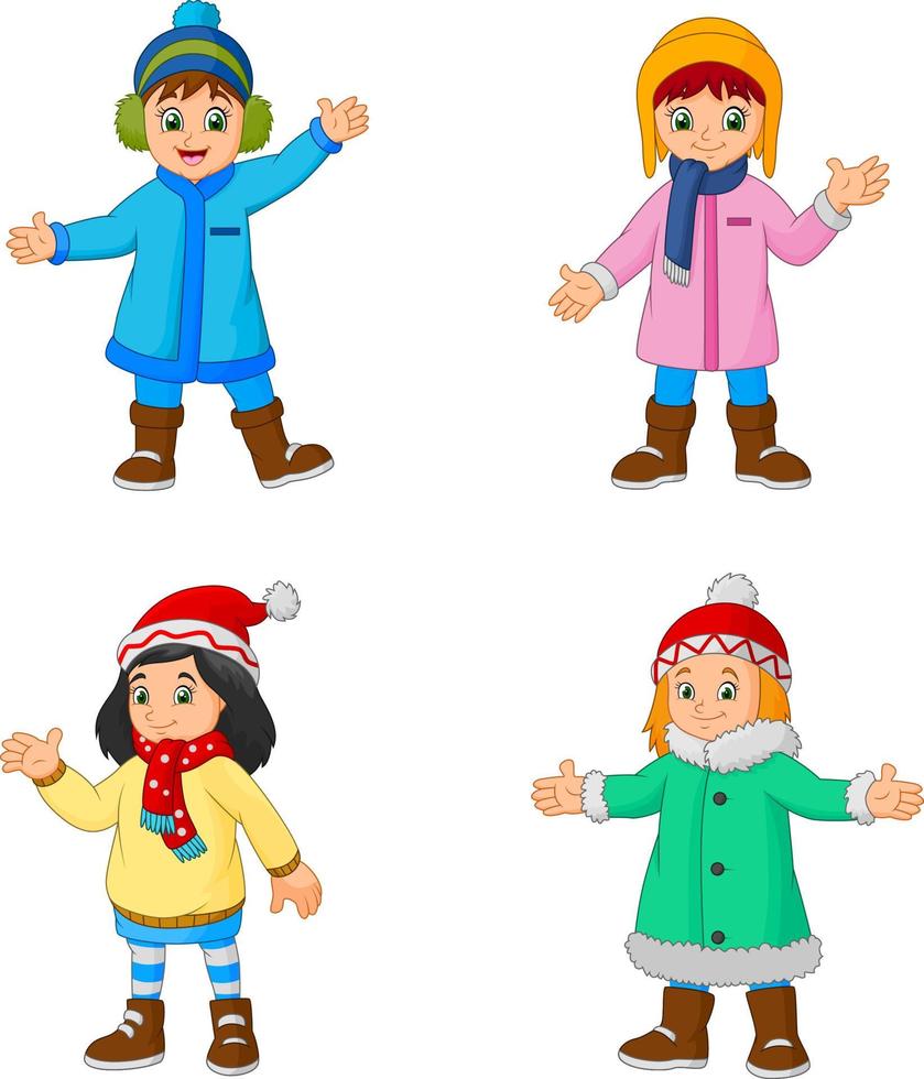 tekenfilm weinig meisjes vervelend winter kleren vector