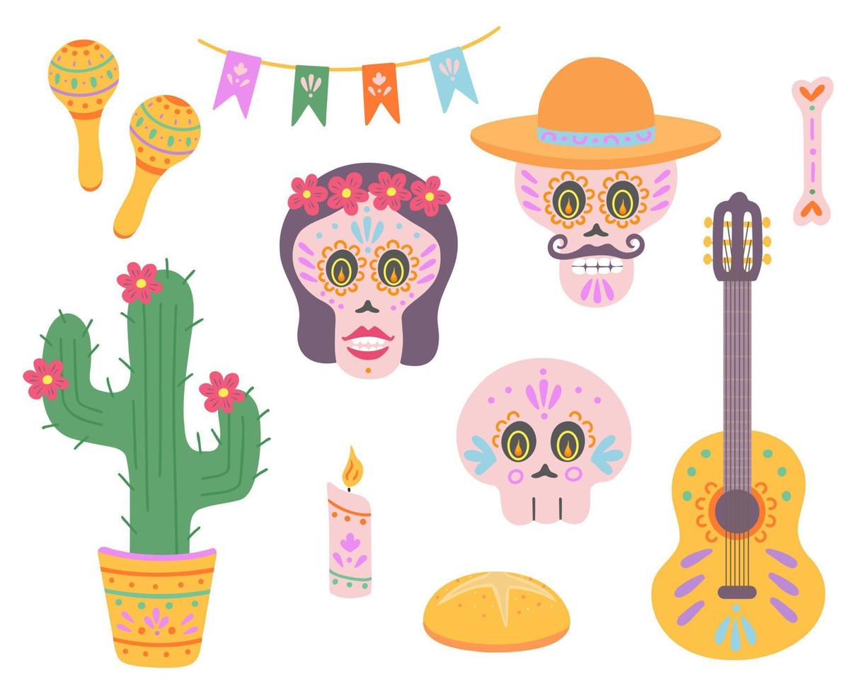 de dood dag. reeks van Mexicaans vakantie inclusief schedels, sombrero, muziek- instrumenten. illustratie voor afdrukken, achtergronden, covers en verpakking. geïsoleerd Aan wit achtergrond. vector