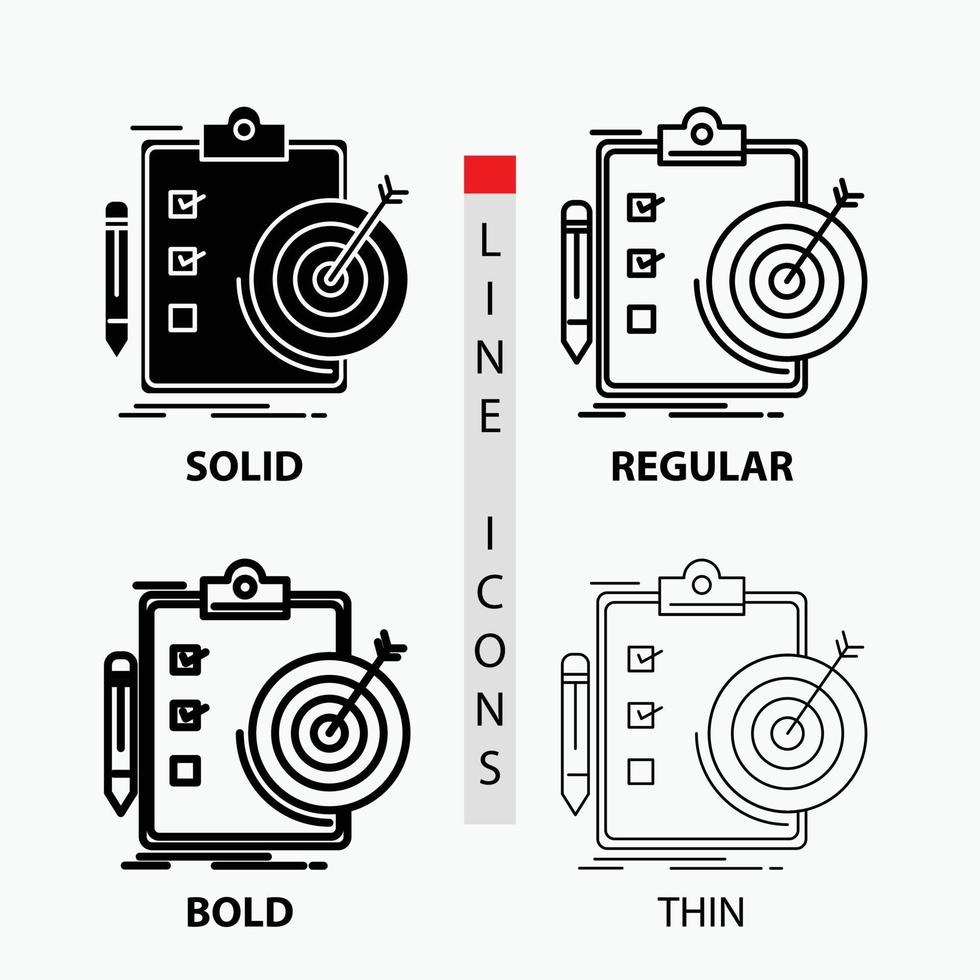 doelen. rapport. analyses. doelwit. prestatie icoon in dun. normaal. stoutmoedig lijn en glyph stijl. vector illustratie