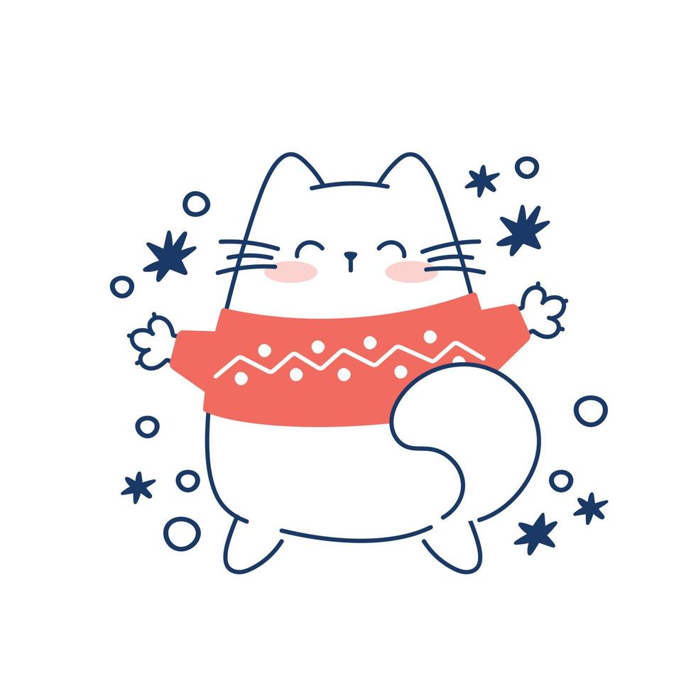 trek grappig kat in trui voor Kerstmis en winter vector illustratie karakter verzameling grappig kat voor Kerstmis en nieuw jaar. tekening tekenfilm stijl.