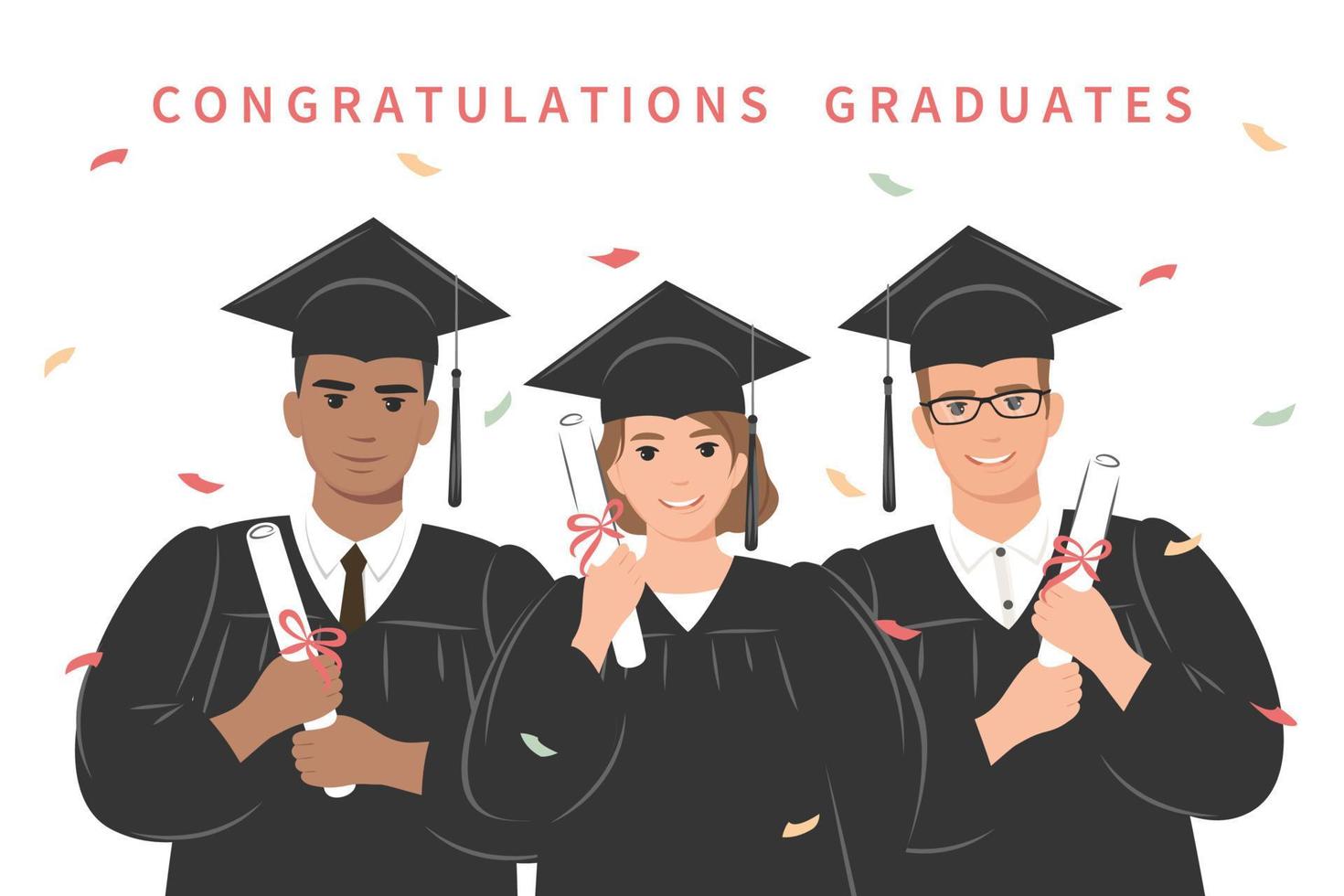 Gefeliciteerd afgestudeerden. groep van gelukkig studenten-afgestudeerden Universiteit of college vervelend een academisch gewaad, diploma uitreiking pet en Holding een diploma. vector illustratie