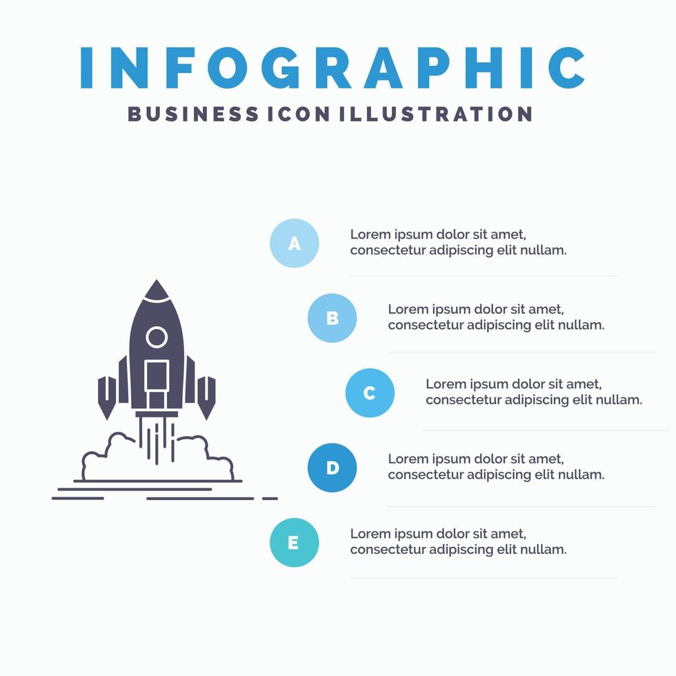 launch. missie. shuttle. beginnen. publiceren infographics sjabloon voor website en presentatie. glyph grijs icoon met blauw infographic stijl vector illustratie.