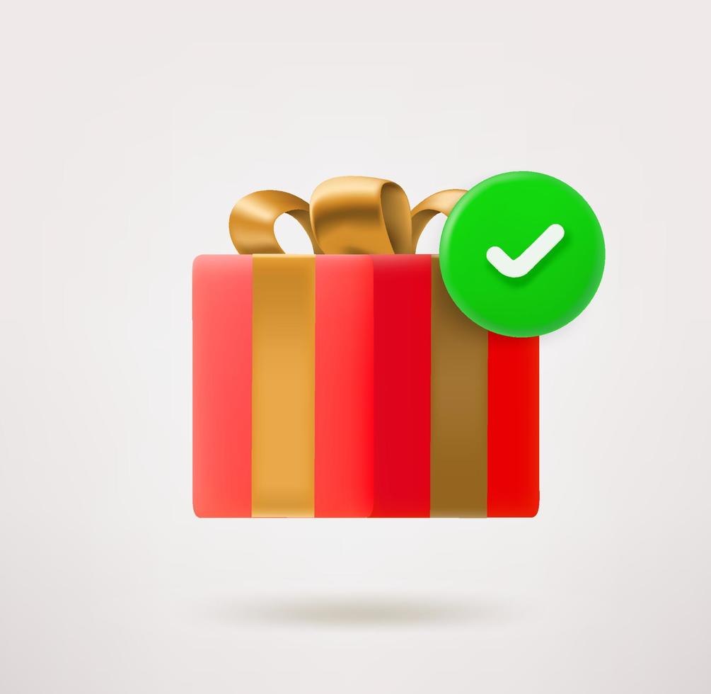 rood geschenk doos met gouden boog en vinkje. 3d vector icoon