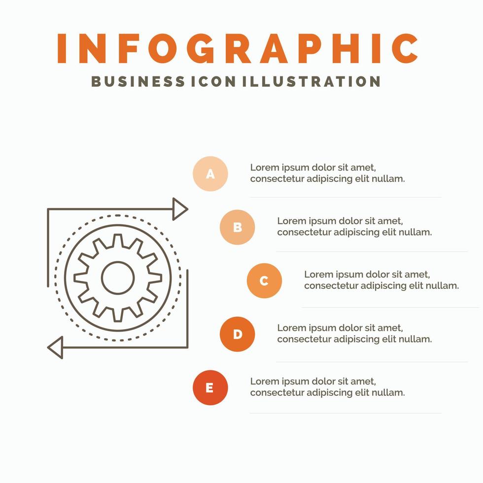 bedrijf. versnelling. beheer. operatie. werkwijze infographics sjabloon voor website en presentatie. lijn grijs icoon met oranje infographic stijl vector illustratie