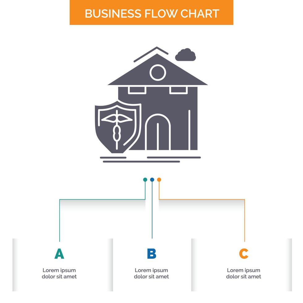 verzekering. huis. huis. slachtoffer. bescherming bedrijf stromen tabel ontwerp met 3 stappen. glyph icoon voor presentatie achtergrond sjabloon plaats voor tekst. vector