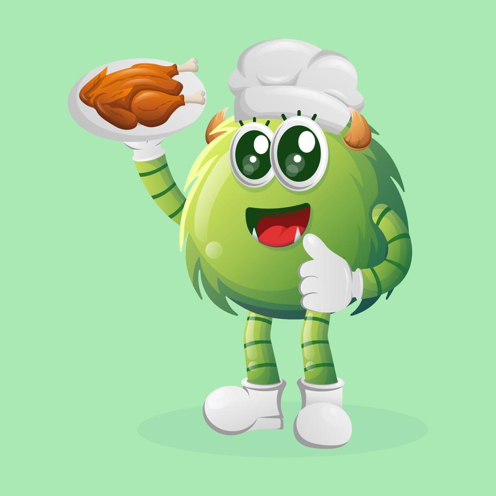 schattig groen monster, chef portie voedsel vector